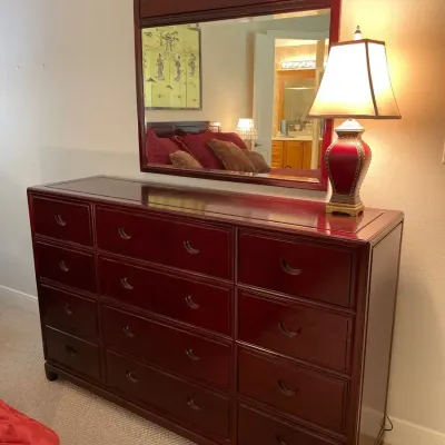 Wood Dresser With Matching Mirror & Lamp