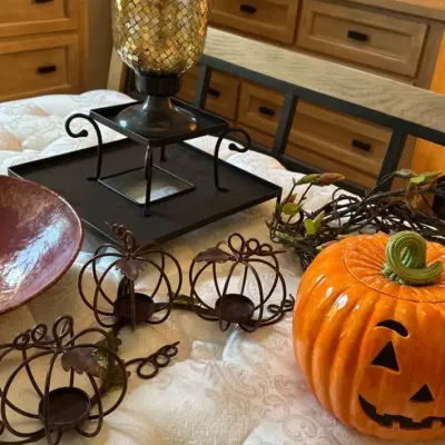 Fall Decor Lot - Glass Pumpkin And More