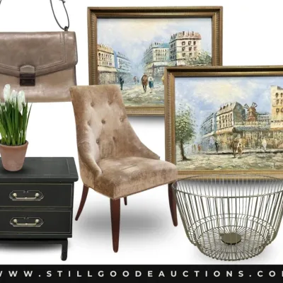 Sale Photo Thumbnail #3: Artwork, Sterling silver, jewelry, furniture, antiques, lighting, designer handbags, tools, Louis Icart prints, antique coins, Keurig, vintage Little Golden Books, pet supplies, milk glass, Oreck vacuum cleaner, garden art, Department 56 houses, camping s