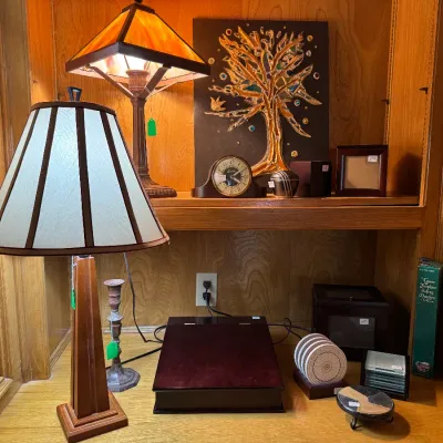 Table Lamps, Frank Lloyd Wright style, Tree of Life artwork, Sessions clock