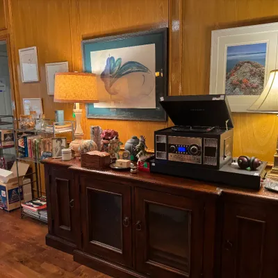 den filled with beautiful lamps electronics and more