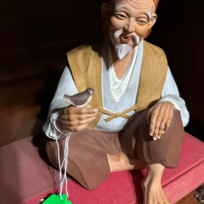 Rare MCM Japanese Hakata Urasaki clay ceramic Old Man with Bird on hand, post WW2 souvenir