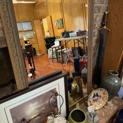 large mirror with wooden edge