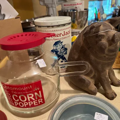 catamount glass popcorn popper and vintage cracker jack tin