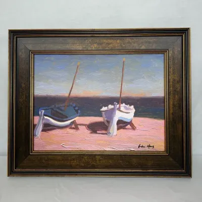 Framed Boats On A Beach Painting Signed by Gordon Haas