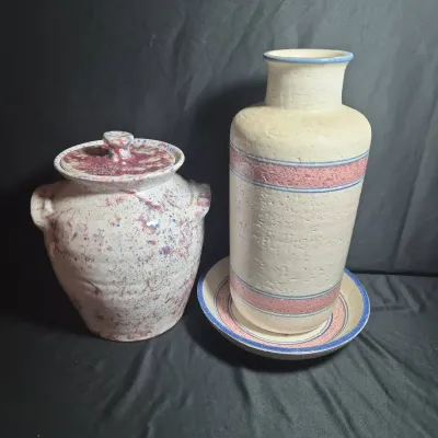 Two Large Oink And Blue Pottery Pieces