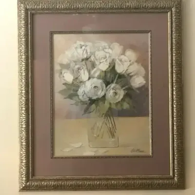 White Roses In A Glass Vase Signed