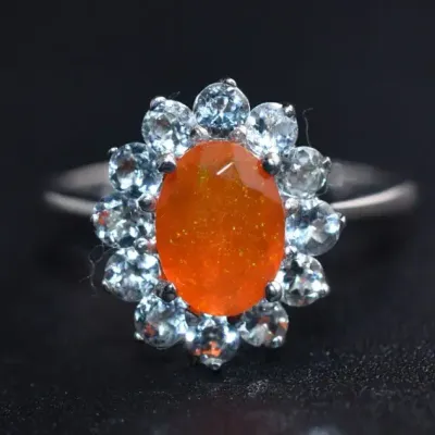 Oval Orange Opal & Aquamarine Sterling Silver Halo Ring