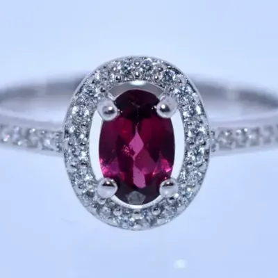 Oval Rhodolite Garnet Sterling Silver Halo Ring