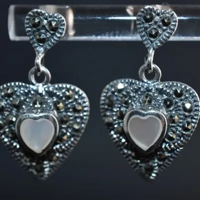 Mother Of Pearl & Marcasite Sterling Silver Dangle Earrings