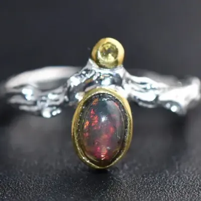 Oval Black Opal Cabochon & Tourmaline Sterling Silver Naturalistic Ring 