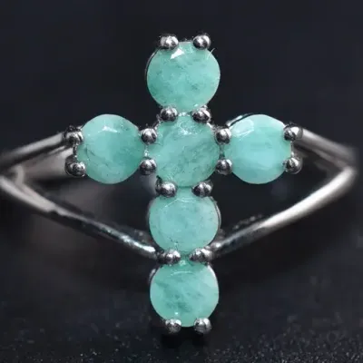 Round Emerald Sterling Silver Cross Ring