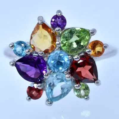 Blue Topaz, Amethyst, Citrine, Peridot & Garnet Sterling Silver Floral Ring