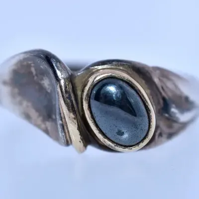 Oval Hematite Cabochon Sterling Silver & 14K Yellow Gold Modernist Ring