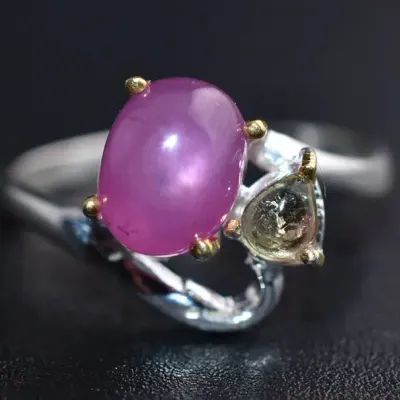 Ruby & Tourmaline Cabochon Sterling Silver Ring