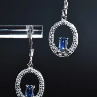 Oval Kyanite Cabochon & White Topaz Sterling Silver Dangle Earrings