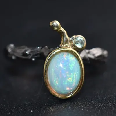 Oval Fire Opal Cabochon Dark Sterling Silver Naturalistic Ring