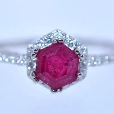 Hexagonal Ruby Sterling Silver Halo Ring