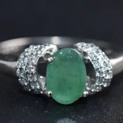 Oval Emerald Sterling Silver Pavé Ring