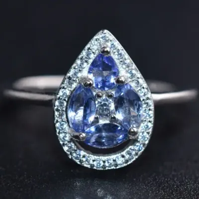 Marquise Tanzanite Sterling Silver Halo Ring 