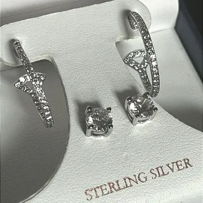 Sterling Silver .925 CZ Open Hoop and Stud Earrings, 2 Pairs