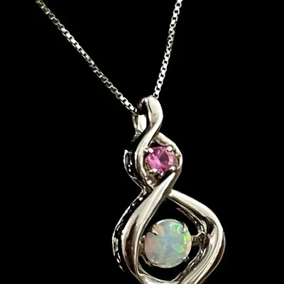 Sterling Silver .925 Box Chain with Sterling Pink Lab Sapphire and Lab Opal Pendant 