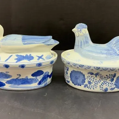 Blue And White Ceramic Tureens, Duck And Hen Toppers