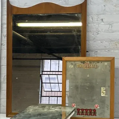 Large Walnut Framed Mirror, Medicine Cabinet And Stickered Mirror 