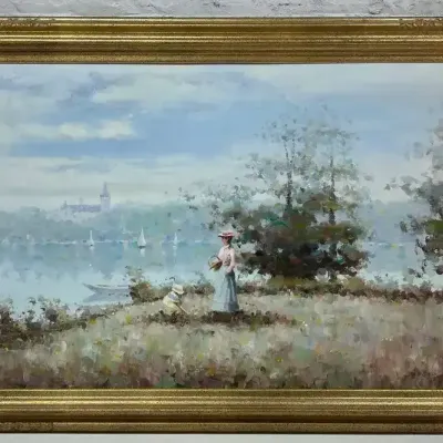 Impressionistic Oil Painting Of Woman And Child On Coastline