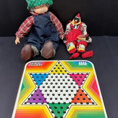 Vintage “Pressman” Tin Chinese Checkers Board And Cloth “Grandpa” And Chicken