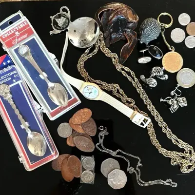 Swatch Watch, Foreign and Domestic Coins, Souvenir Spoons, Costume Jewelry 