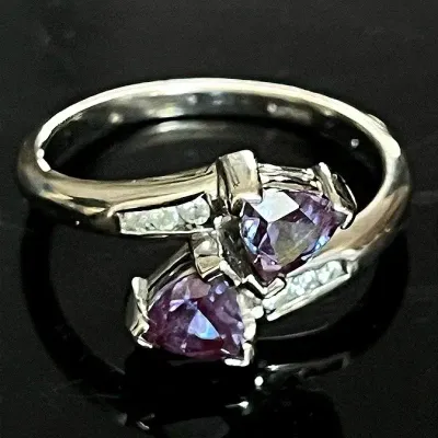 10K White Gold Trillion Cut Lab Alexandrite 6 Diamond Ring