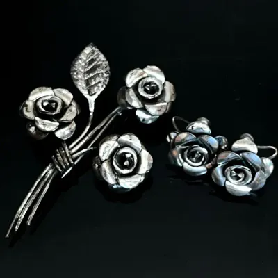 Beau Sterling Rose Brooch and Earring Set