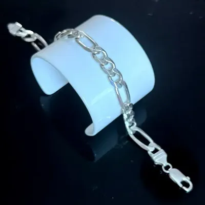 Sterling Silver .925 3+1 Figaro Link Bracelet 