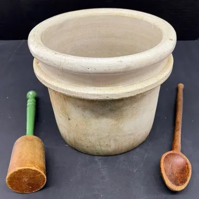 Antique Crockery Container, Wooden Masher And Spoon