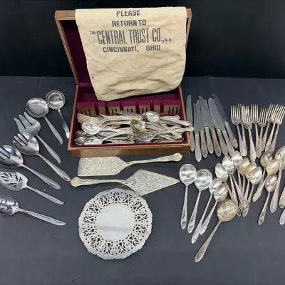 Large Assortment Of Silverplate And Stainless Cutlery + Central Trust Money Bag