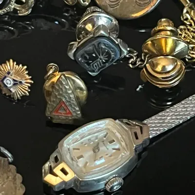 Vintage Fraternal Pins, Cufflinks, Watch with Sterling, Gold Baby Ring