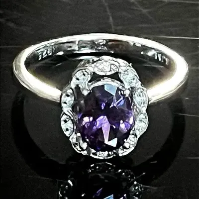 Sterling Silver .925 Oval Purple Stone 2 Moissanite Ring