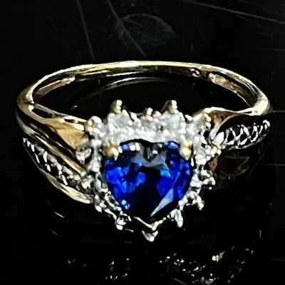 10K Yellow Gold Heart Shaped Synthetic Blue Sapphire 3 Diamond Ring