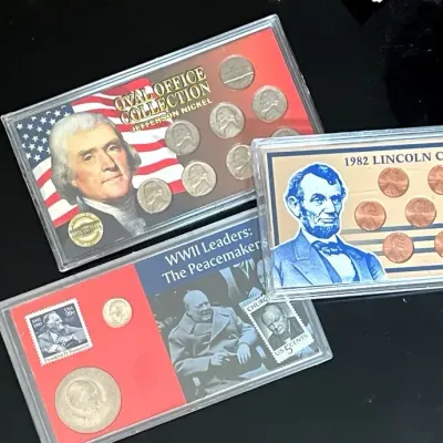 1982 Lincoln Penny Set, WWII The Peacemaker Coin Set, Jefferson Nickel Set