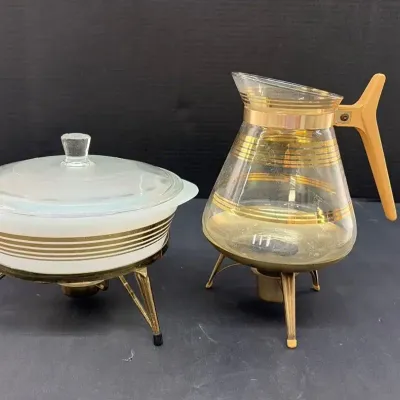 MCM “Inland Glass” Casserole And Coffee Carafe On Metal Warming Stands
