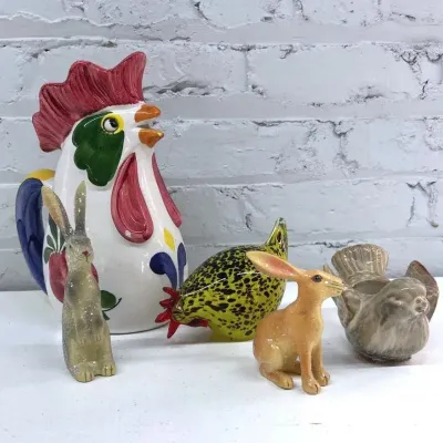 Ceramic Rooster Pitcher Italy , Art Glass Rooster, Ceramic Swallow Votive And Rabbits 