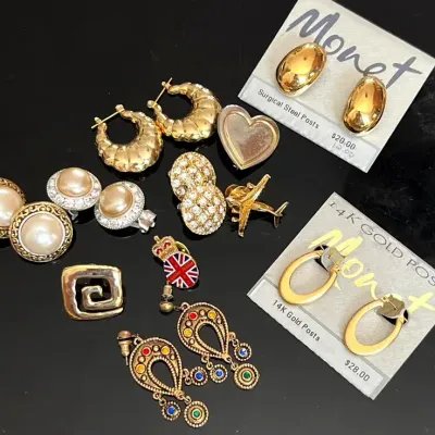 Goldtone Earrings and Pins, One with 14K Posts
