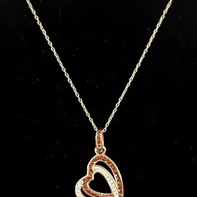 Sterling Silver .925 Rose Gold Color Chain with Sterling Double Heart CZ Simulated Pendant 