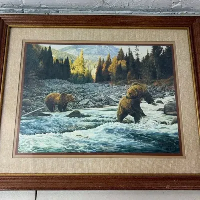 Print of Bears In A Stream Fishing By Manuel Mansanarez, Jr