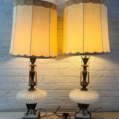 Pair Of Vintage Italian Glass, Metal And Marble Large Table Lamps 