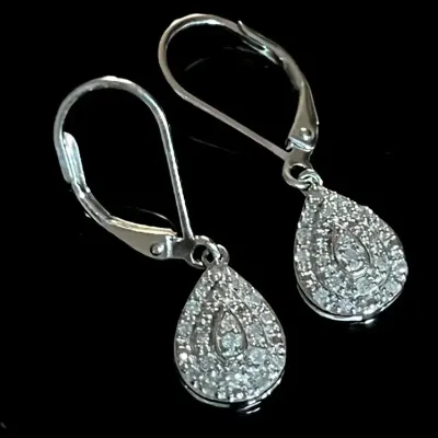 Sterling Silver .925 Dangle Diamond Leverback Earrings-Est. .5 Ct. 