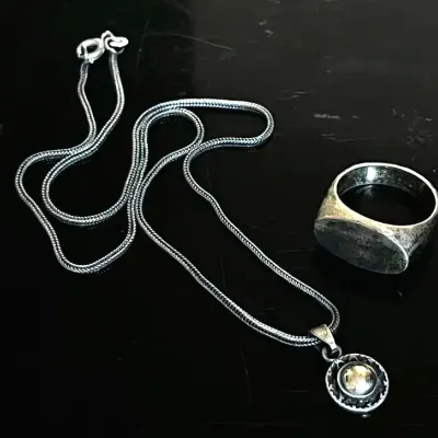 14K Yellow Gold Sterling Pendant on Sterling Chain and 925 Sterling Silver Mexican Ring 