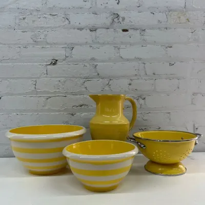 Yellow And White Striped Mixing Bowls, Yellow Colander And Pitcher