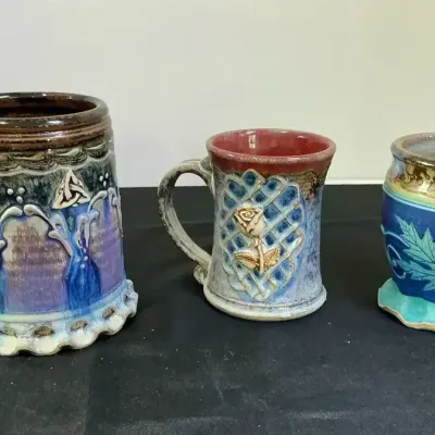 Handmade Stoneware 3 Mugs By Heinecke Clay Works Maple Leaf 